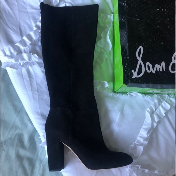 Sam Edelman • Thora Knee Boots black suede leather tall block heel almond toe - Picture 4 of 10